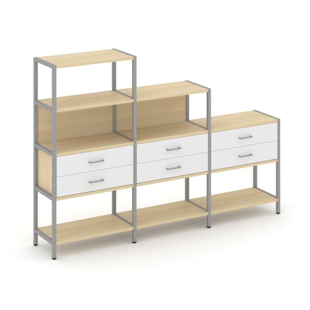 Трехсекционный стеллаж четырех/трех/двухярусный с ящиками