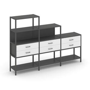 Трехсекционный стеллаж четырех/трех/двухярусный с ящиками