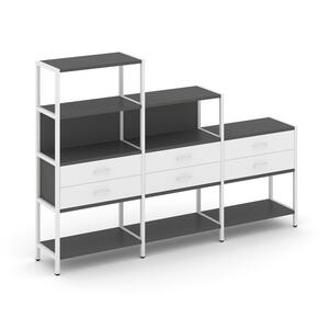 Трехсекционный стеллаж четырех/трех/двухярусный с ящиками