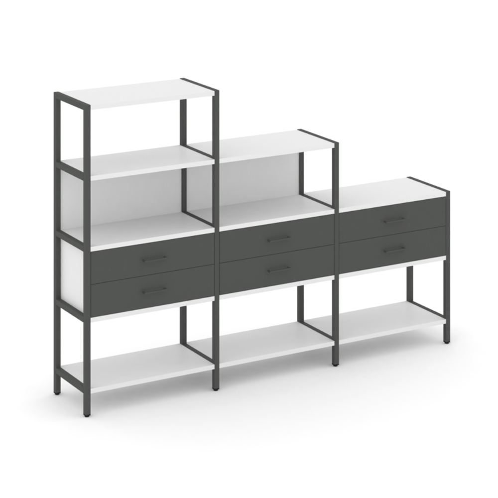 Трехсекционный стеллаж четырех/трех/двухярусный с ящиками