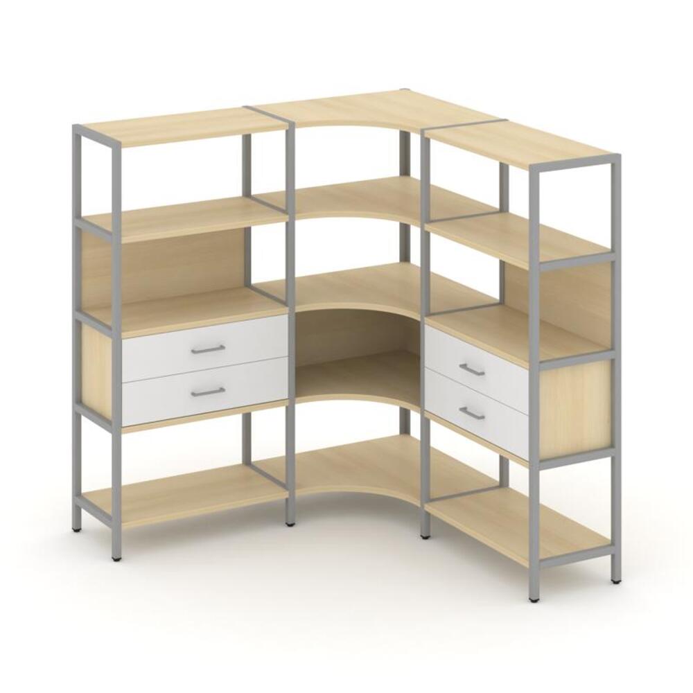 Трехсекционный угловой стеллаж четырехярусный с ящиками