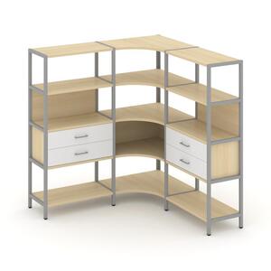 Трехсекционный угловой стеллаж четырехярусный с ящиками