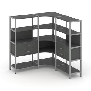 Трехсекционный угловой стеллаж четырехярусный с ящиками