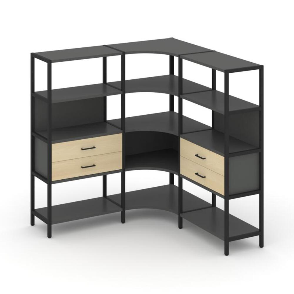 Трехсекционный угловой стеллаж четырехярусный с ящиками