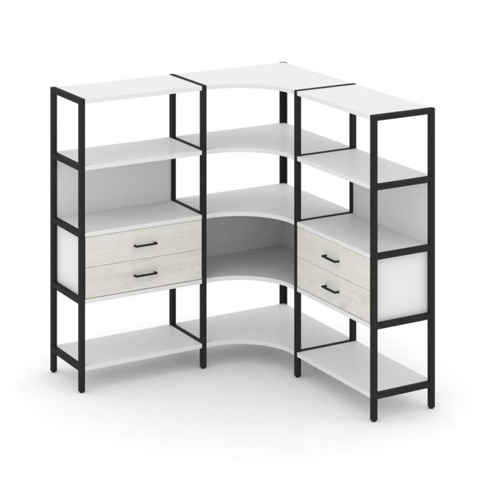 Трехсекционный угловой стеллаж четырехярусный с ящиками
