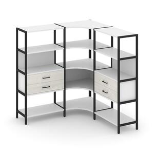 Трехсекционный угловой стеллаж четырехярусный с ящиками