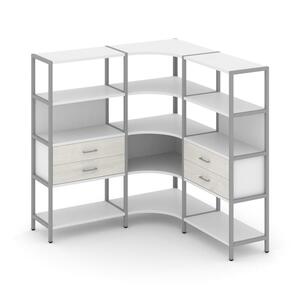 Трехсекционный угловой стеллаж четырехярусный с ящиками
