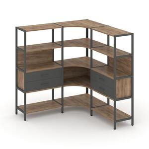 Трехсекционный угловой стеллаж четырехярусный с ящиками