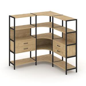 Трехсекционный угловой стеллаж четырехярусный с ящиками