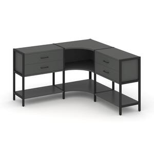 Трехсекционный угловой стеллаж двухярусный с ящиками