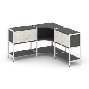 Трехсекционный угловой стеллаж двухярусный с ящиками