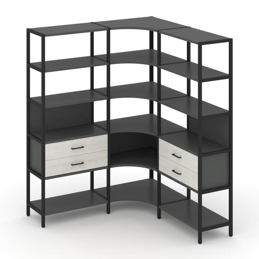 Трехсекционный угловой стеллаж пятиярусный с ящиками
