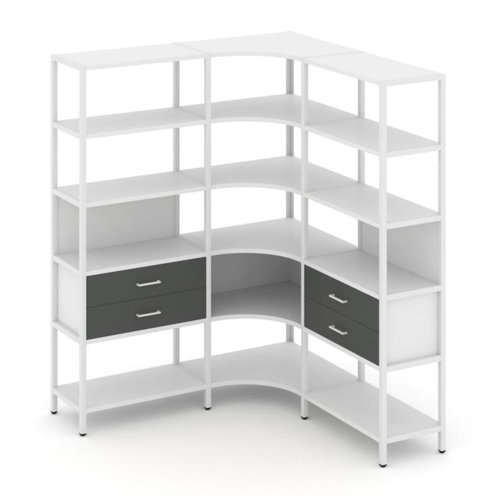 Трехсекционный угловой стеллаж пятиярусный с ящиками