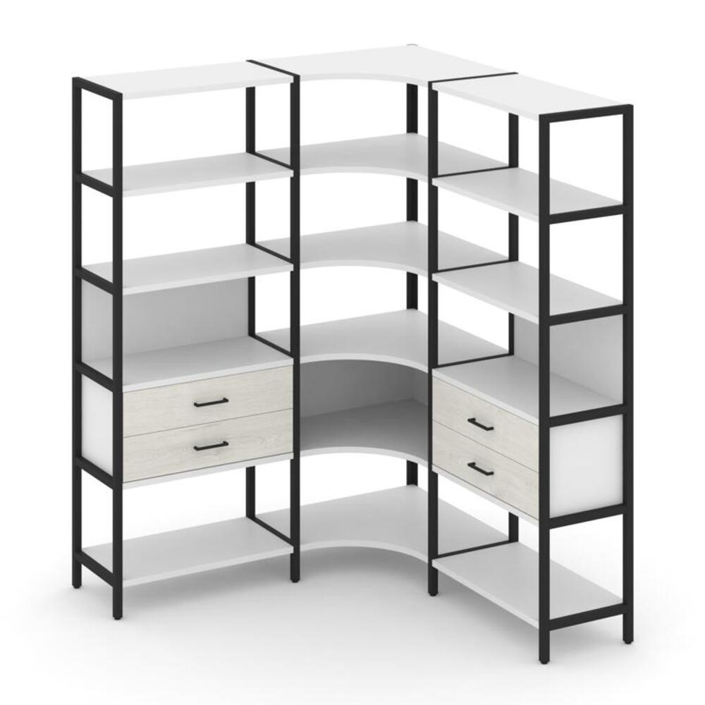 Трехсекционный угловой стеллаж пятиярусный с ящиками