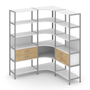 Трехсекционный угловой стеллаж пятиярусный с ящиками