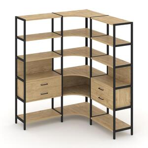 Трехсекционный угловой стеллаж пятиярусный с ящиками