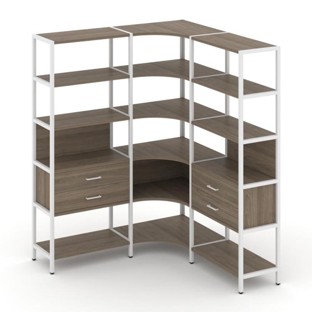 Трехсекционный угловой стеллаж пятиярусный с ящиками