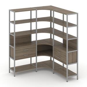 Трехсекционный угловой стеллаж пятиярусный с ящиками