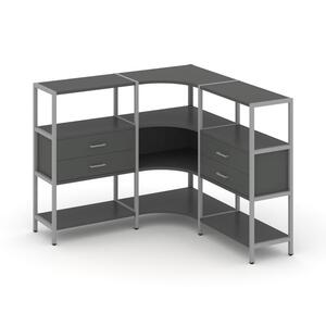 Трехсекционный угловой стеллаж трехярусный с ящиками