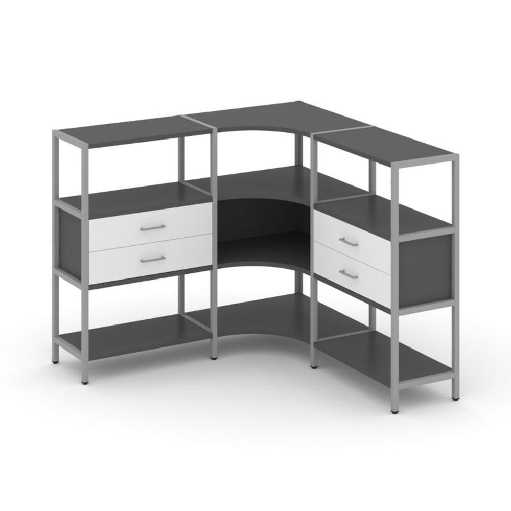 Трехсекционный угловой стеллаж трехярусный с ящиками