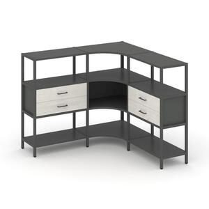 Трехсекционный угловой стеллаж трехярусный с ящиками