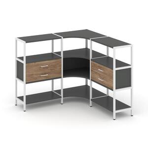 Трехсекционный угловой стеллаж трехярусный с ящиками