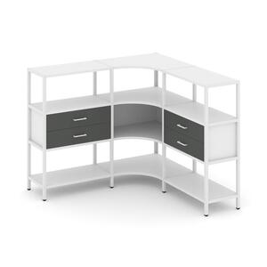 Трехсекционный угловой стеллаж трехярусный с ящиками