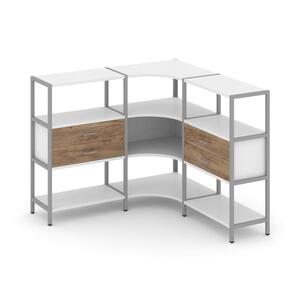 Трехсекционный угловой стеллаж трехярусный с ящиками