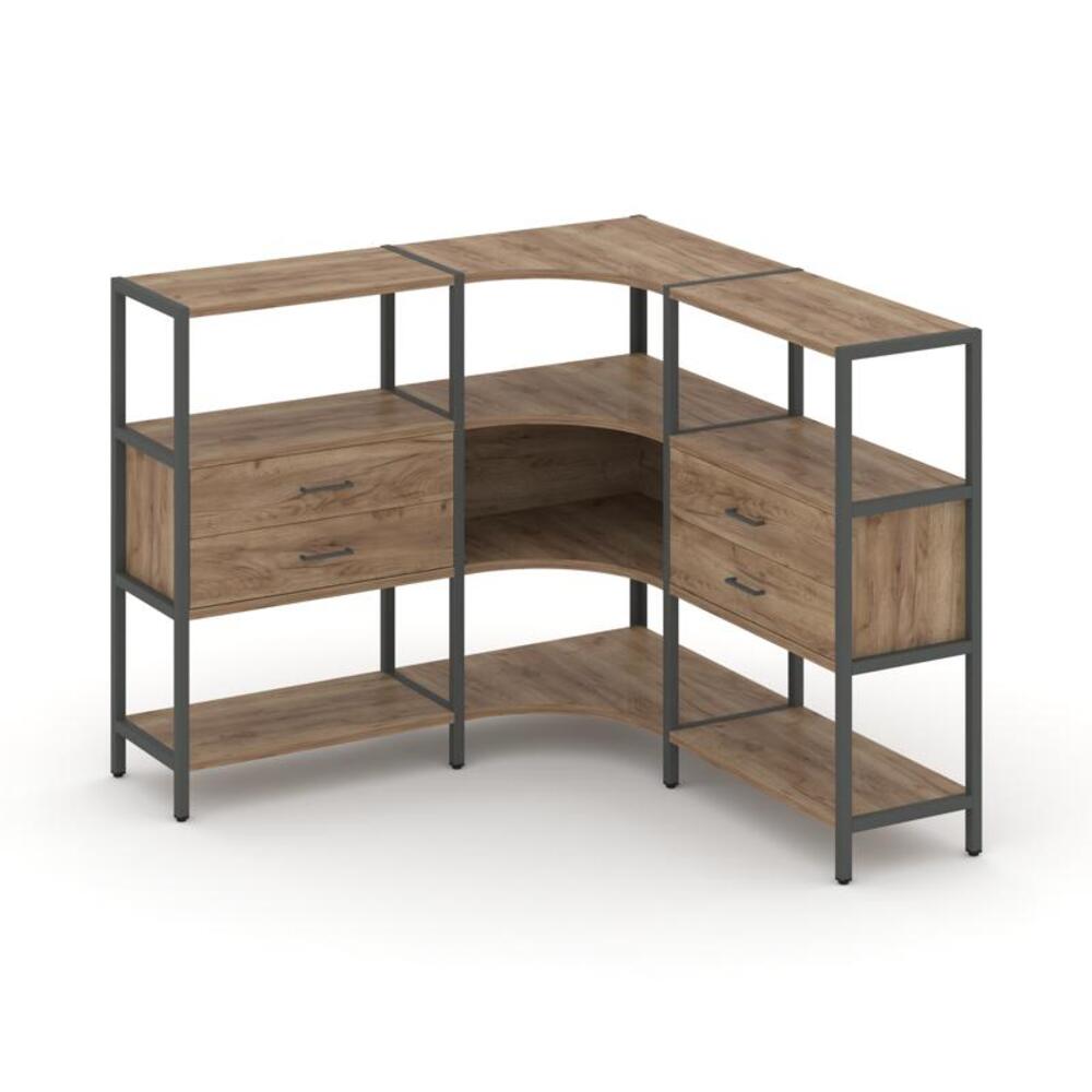 Трехсекционный угловой стеллаж трехярусный с ящиками